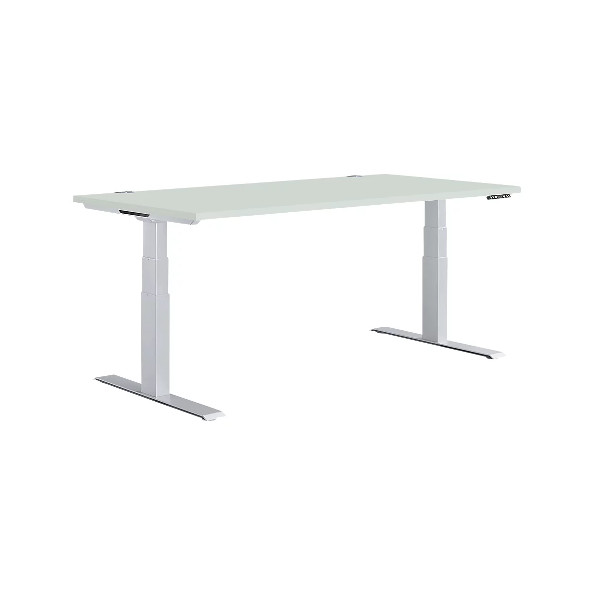 A white, height-adjustable desk with gray legs. There are buttons for height adjustment on one side.