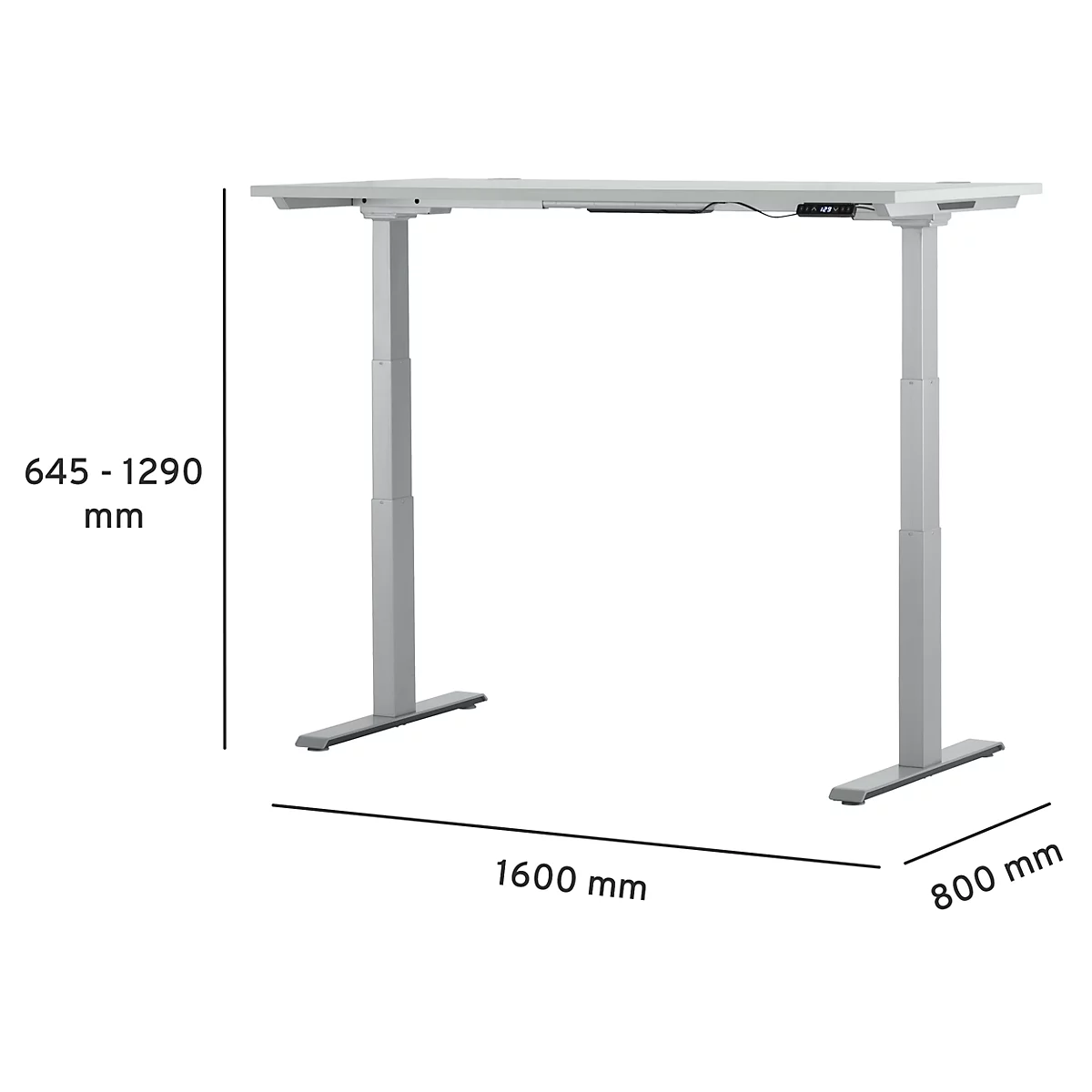 A white height-adjustable desk with dimensions: 1600 mm x 800 mm and a height of 645-1290 mm.
