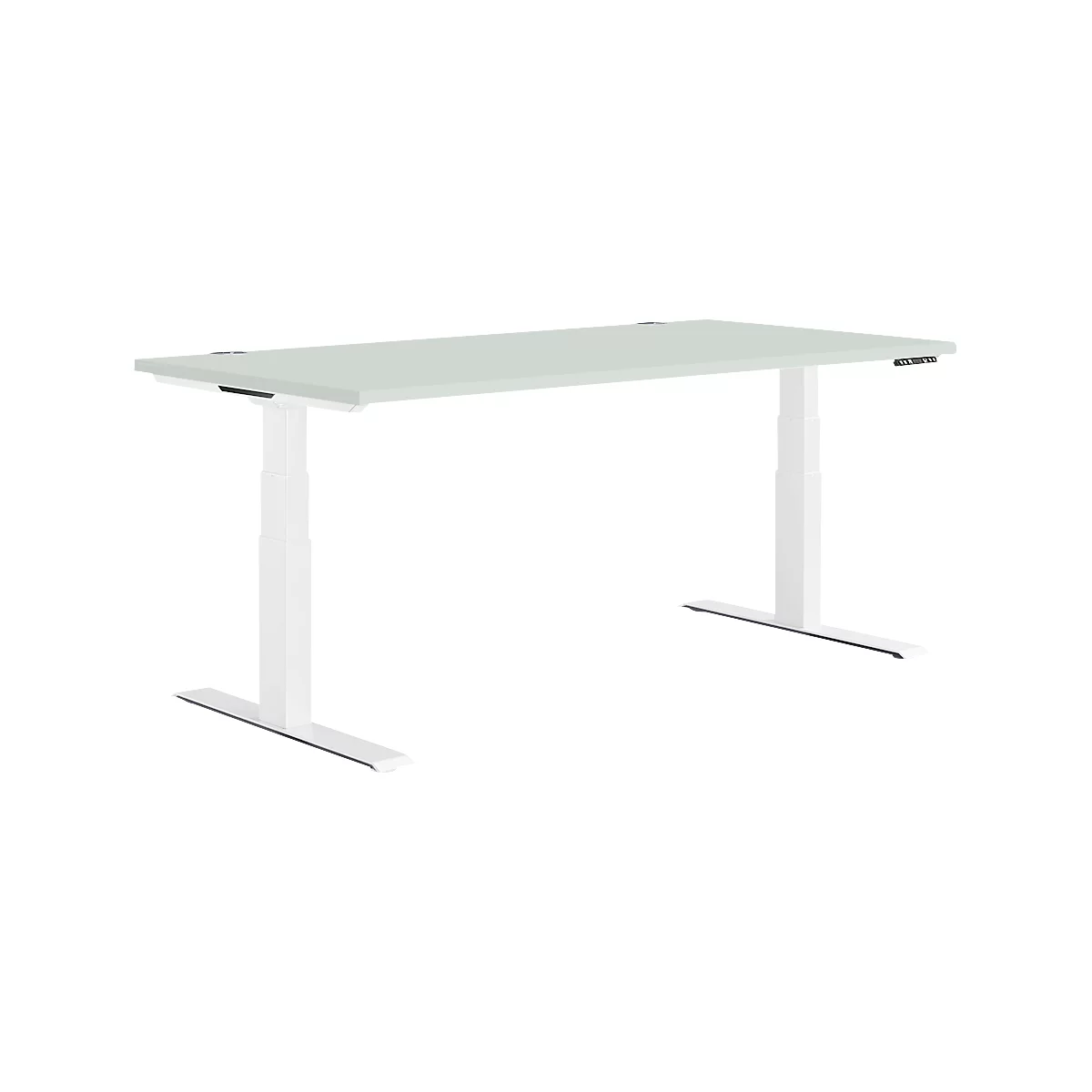 White standing desk with light grey tabletop. The desk is height adjustable. The controls are on the right side.