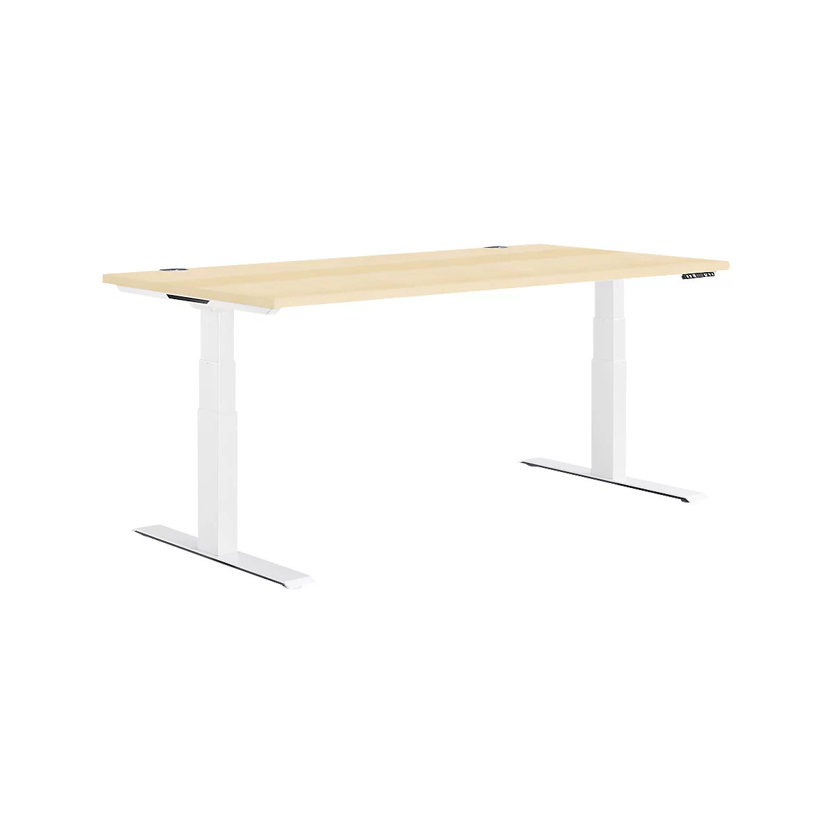 An adjustable-height desk made of light-colored wood with white legs, against a white background.
