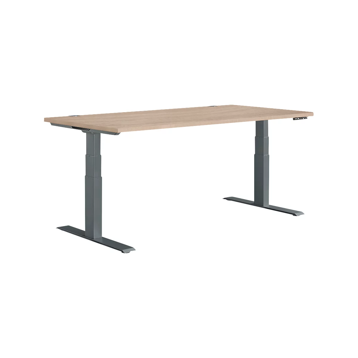 Height-adjustable desk with wooden top and gray legs, white background.