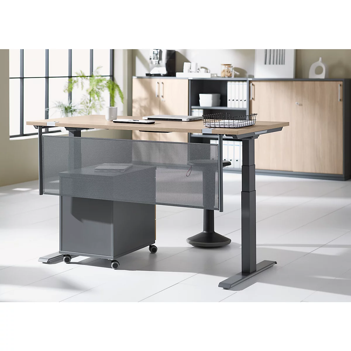 Height-adjustable light brown desk with gray rolling container and privacy screen in a bright office.