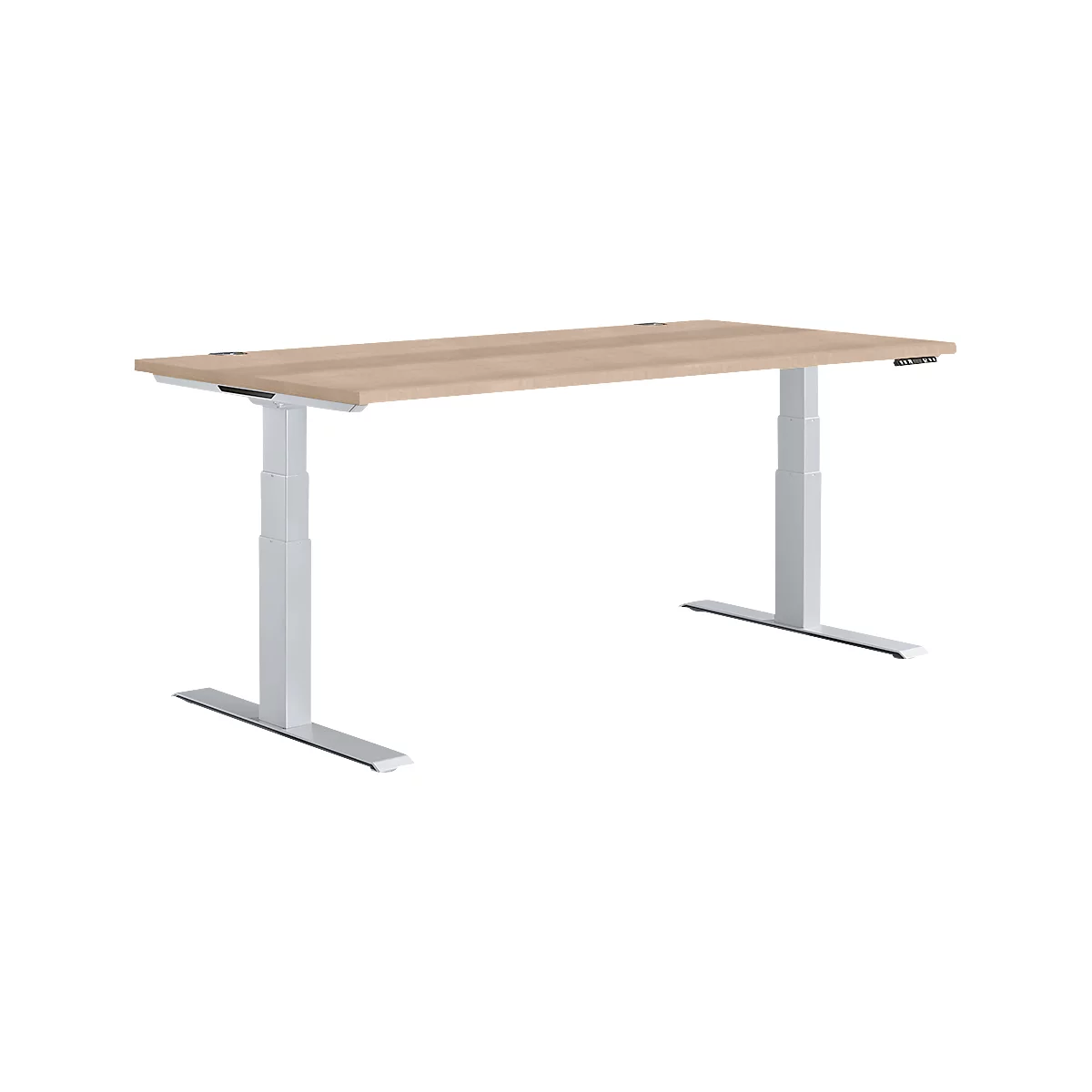 Height-adjustable desk with light wood top and white frame, against a white background.
