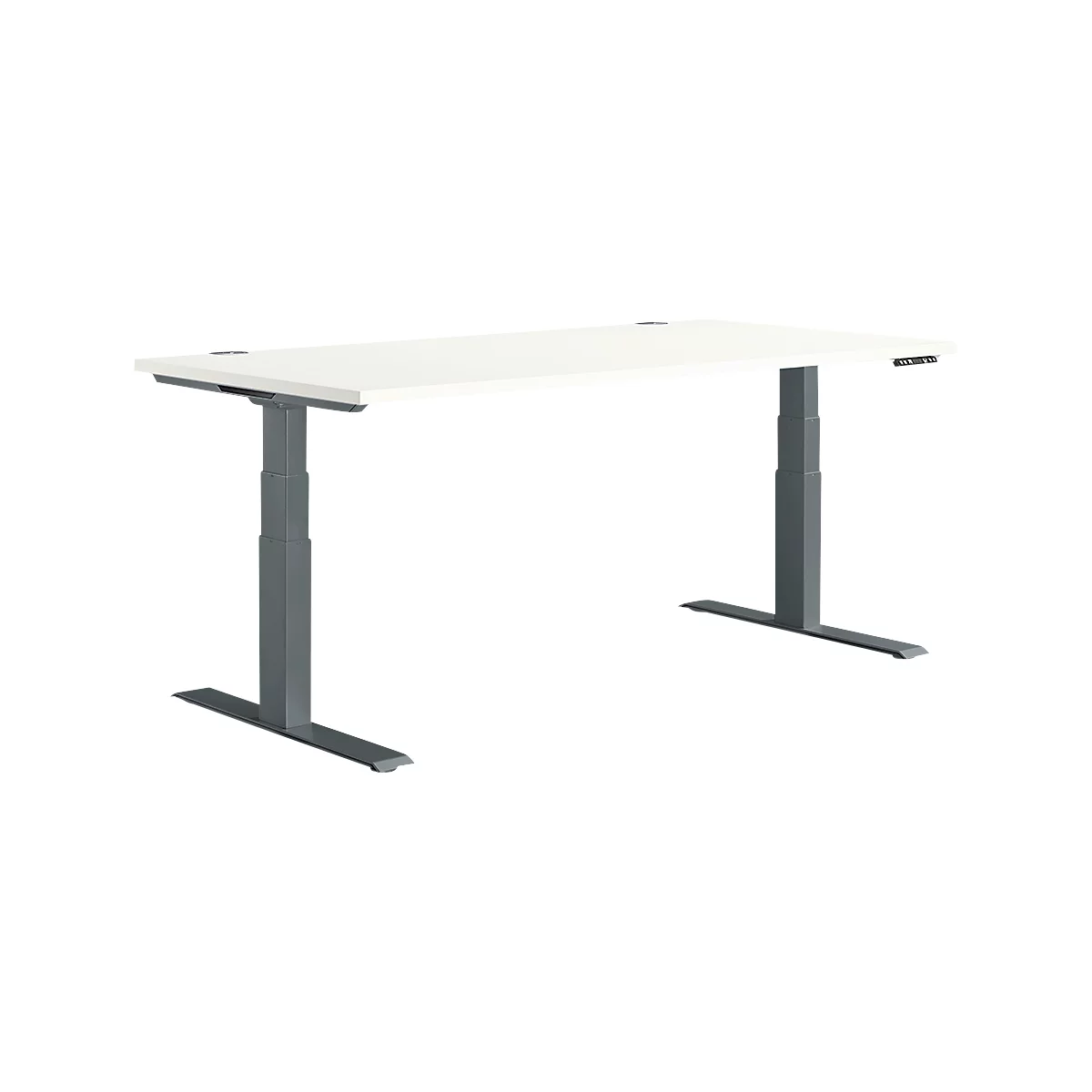 White desk with gray, height-adjustable frame.