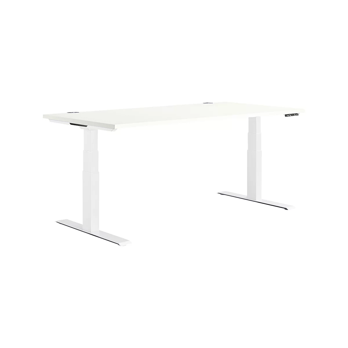 White, height-adjustable desk. Uplift desk with white frame, against white background.