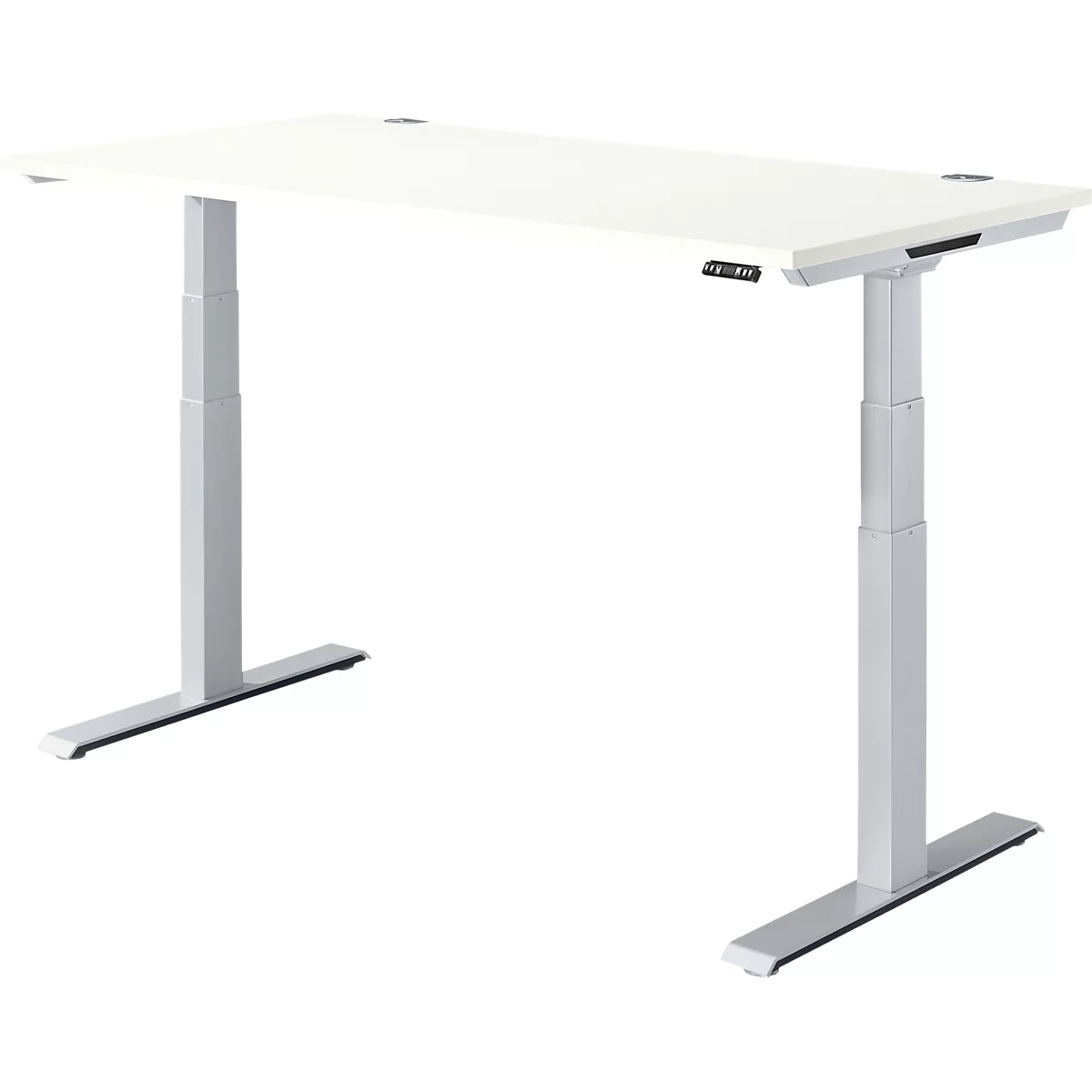 White height-adjustable desk with silver legs. There is a control panel on the right.