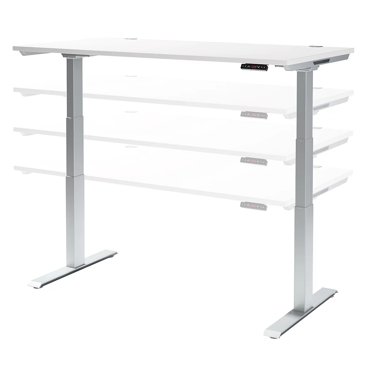 White height-adjustable desk. Grey legs, a control with buttons indicating the desk's position.