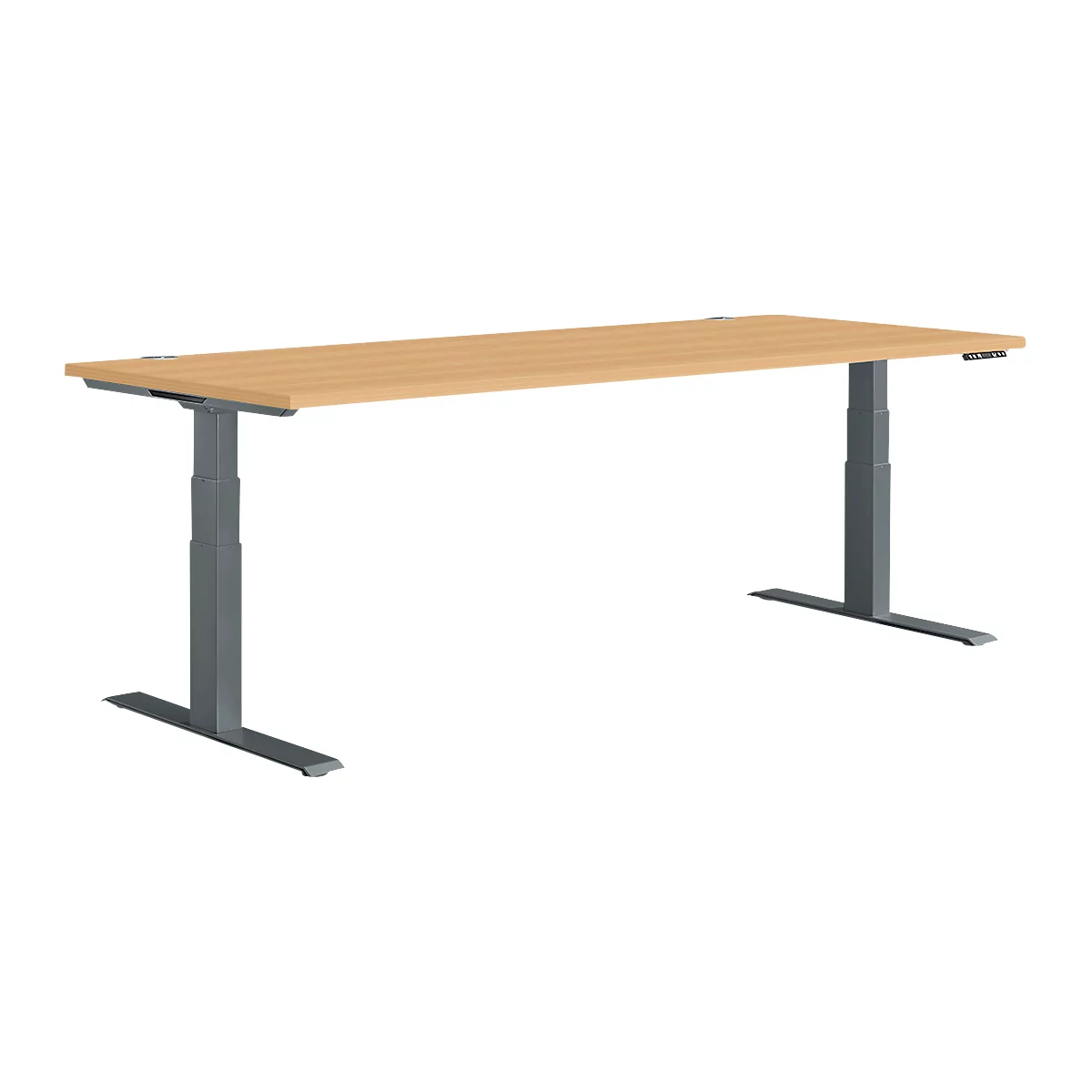 A height-adjustable desk with a light brown tabletop and gray legs, isolated on a white background.