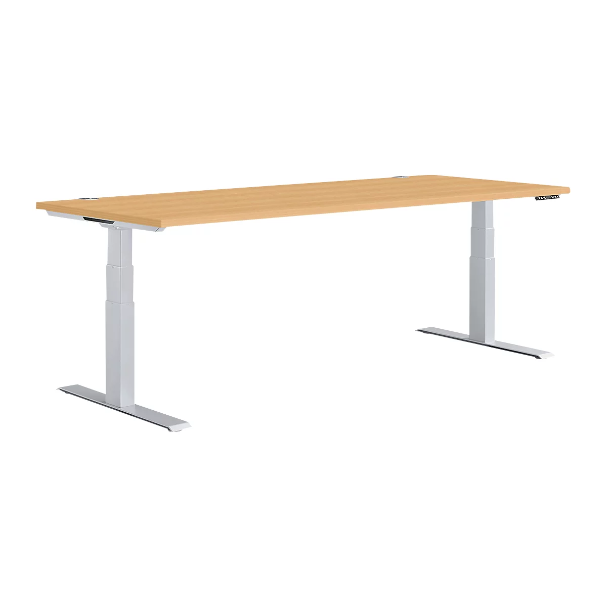 A light brown desk, height adjustable with light grey legs, against a white background.