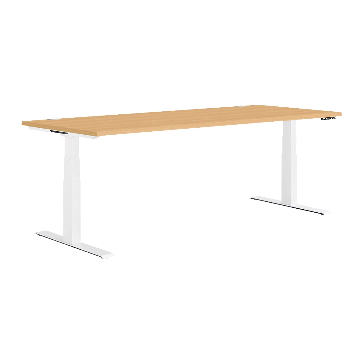 A bright, height-adjustable desk. The table top is made of wood, the legs are white.