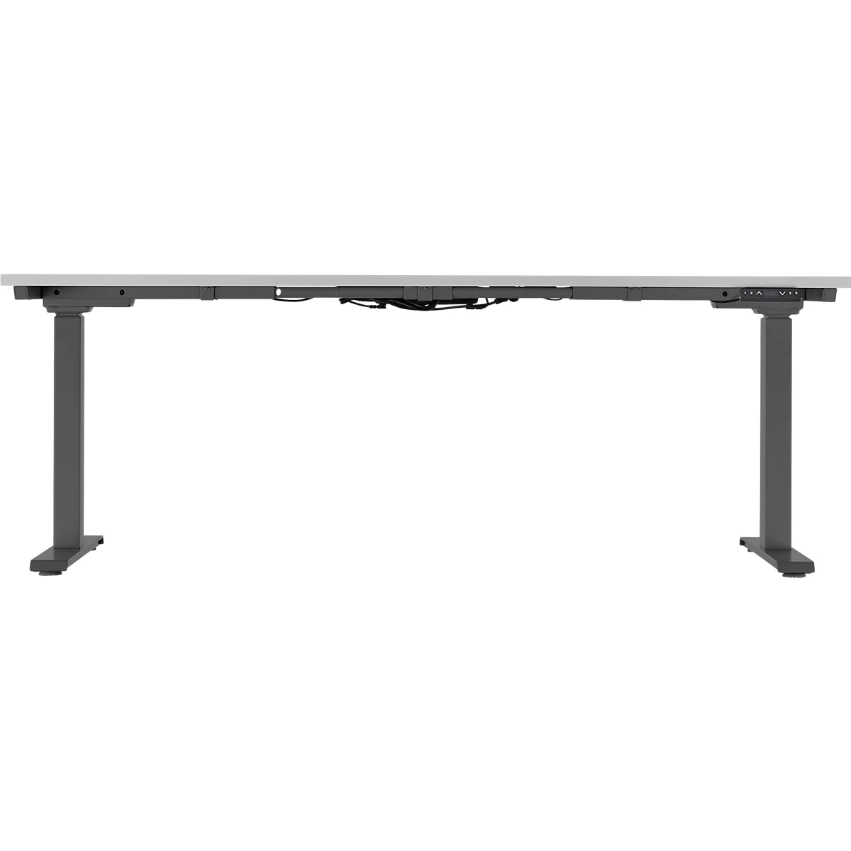 Height-adjustable desk against white background. Gray table legs, light table top. Control panel with buttons on the right.