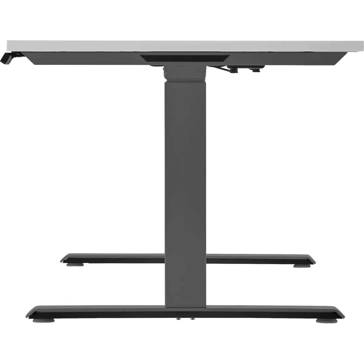 Height-adjustable desk, gray frame, light-colored tabletop.