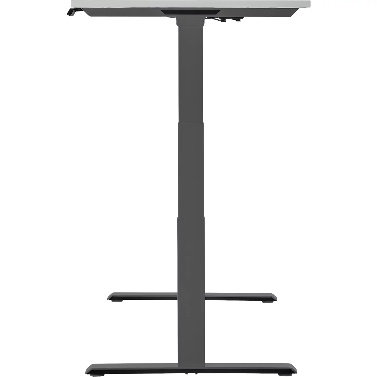 A height-adjustable desk with a gray tabletop and a gray frame. The desk has two footrests.
