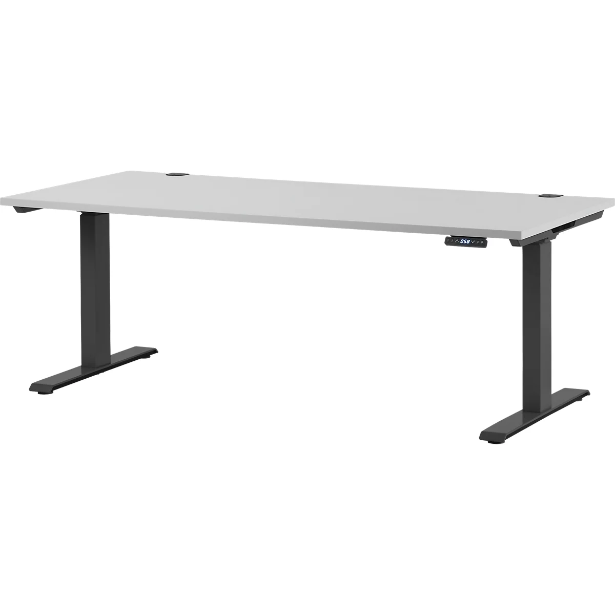 Light gray rectangular desk, black legs, height-adjustable. Small control panel on the right side.