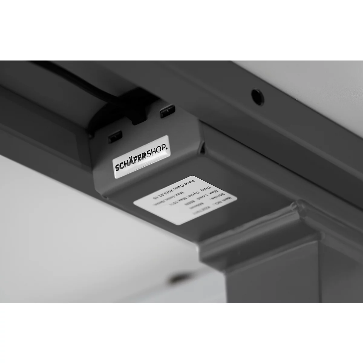 Gray table construction with "SCHÄFER SHOP" logo. Details below, including connections.