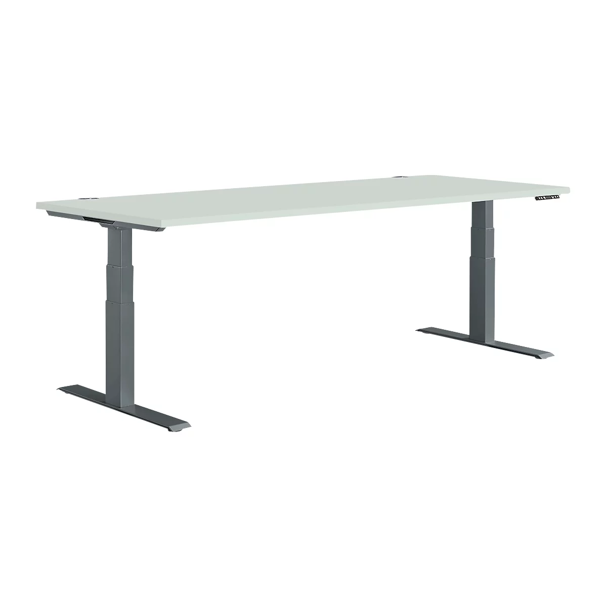 A height-adjustable desk with gray legs and a light-colored tabletop. The controls are on the right side.
