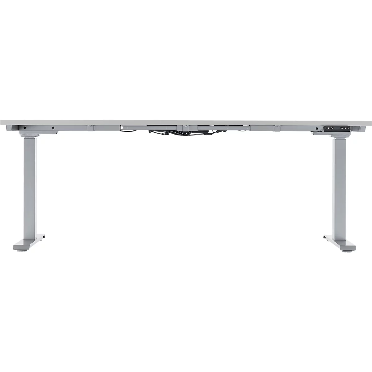 A height-adjustable gray desk with a rectangular tabletop and two legs.