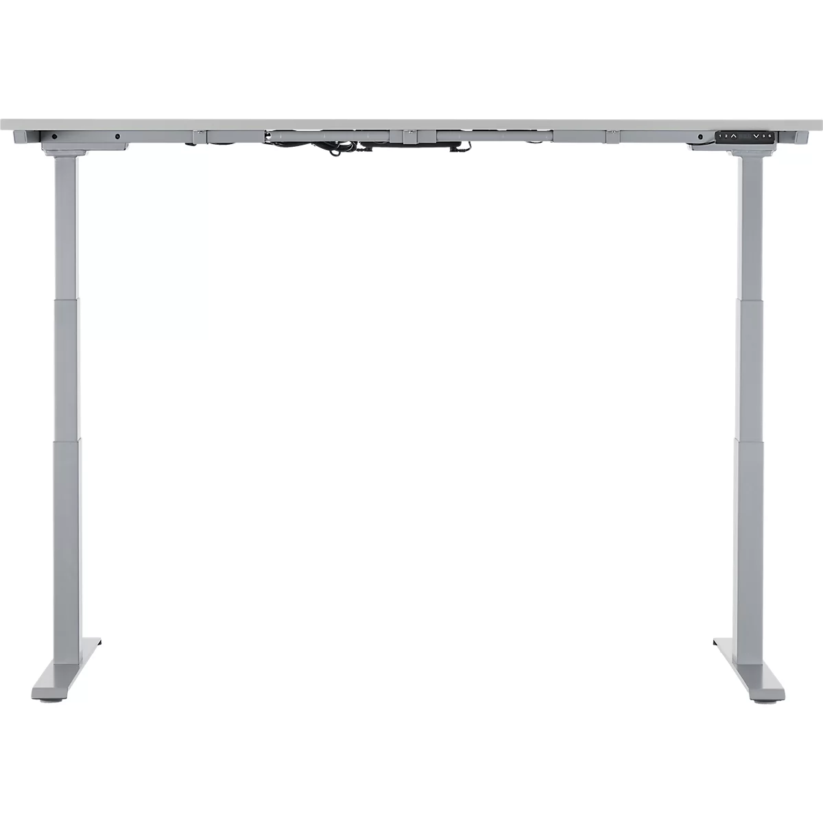 A height-adjustable desk in light grey against a white background. The desk is in the lowest position.