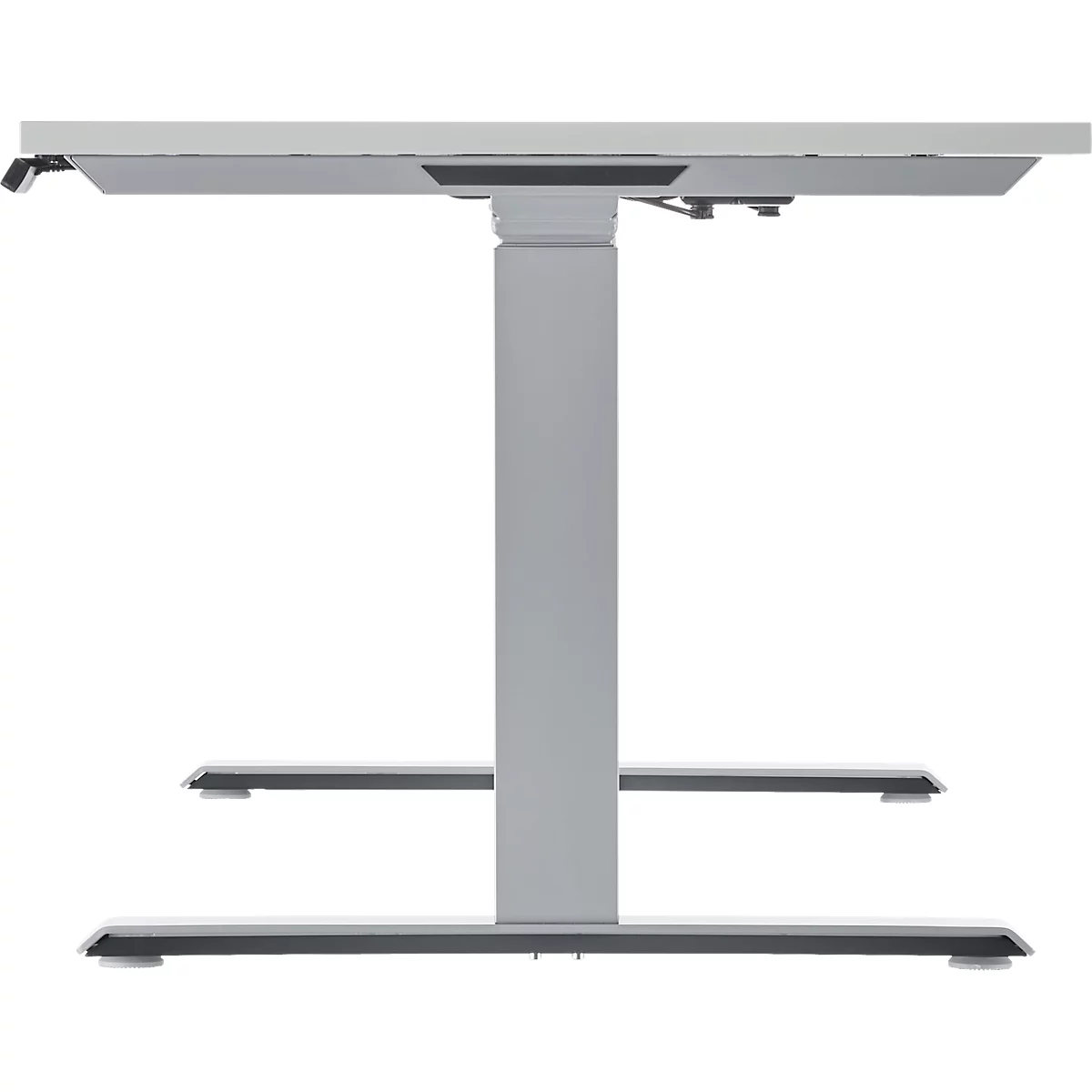 Height-adjustable desk, base and tabletop in light shades of gray, against a white background.
