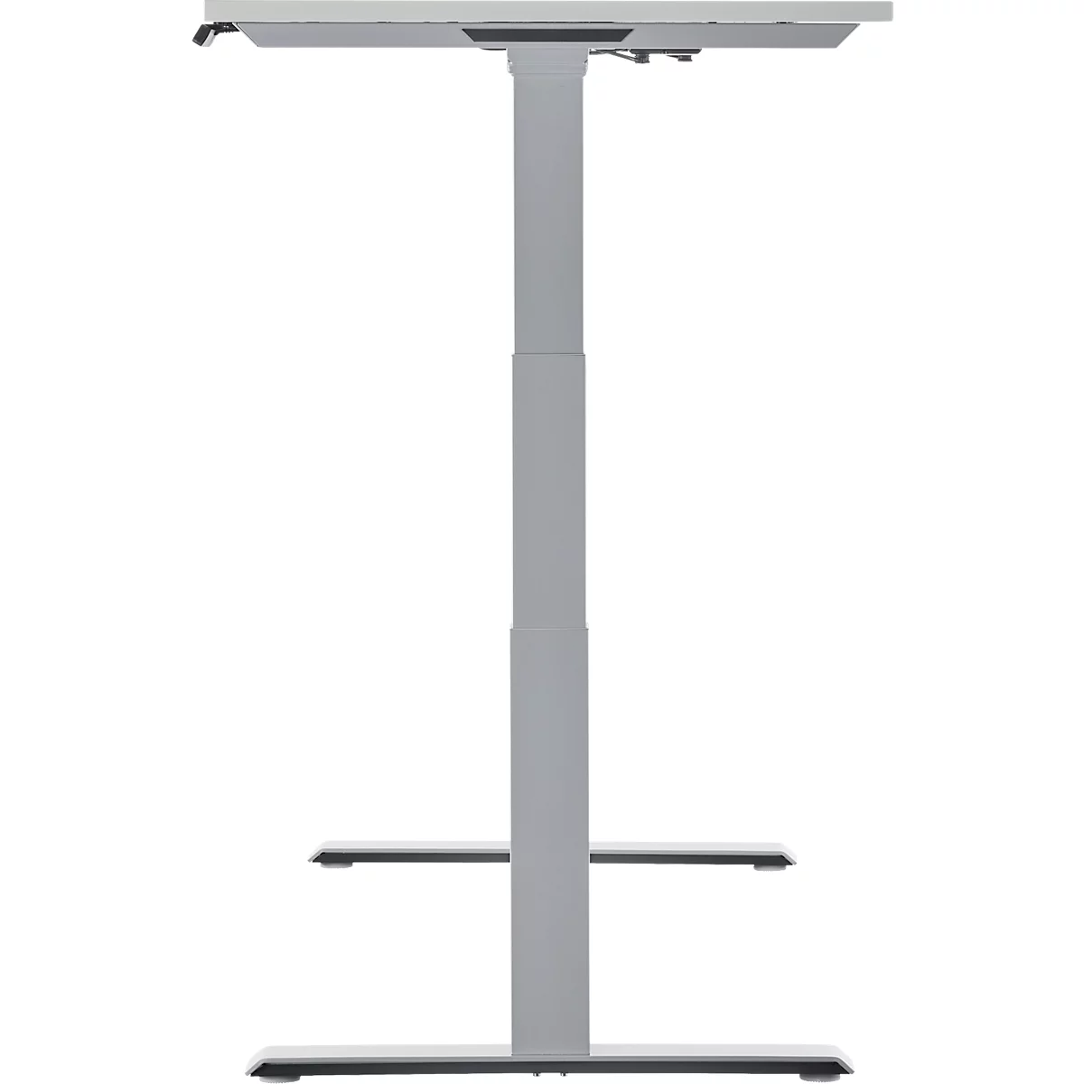 Height-adjustable desk, light grey, against a white background. Tabletop, legs and footrest are visible.