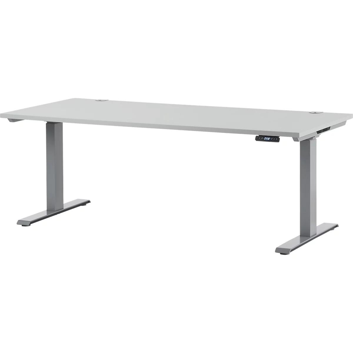 Light gray height-adjustable desk. It has two legs attached at the ends. The desk is on a white background.
