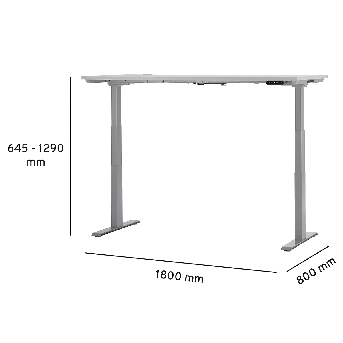 Grey adjustable height desk with dimensions: 1800 mm x 800 mm, height 645-1290 mm.