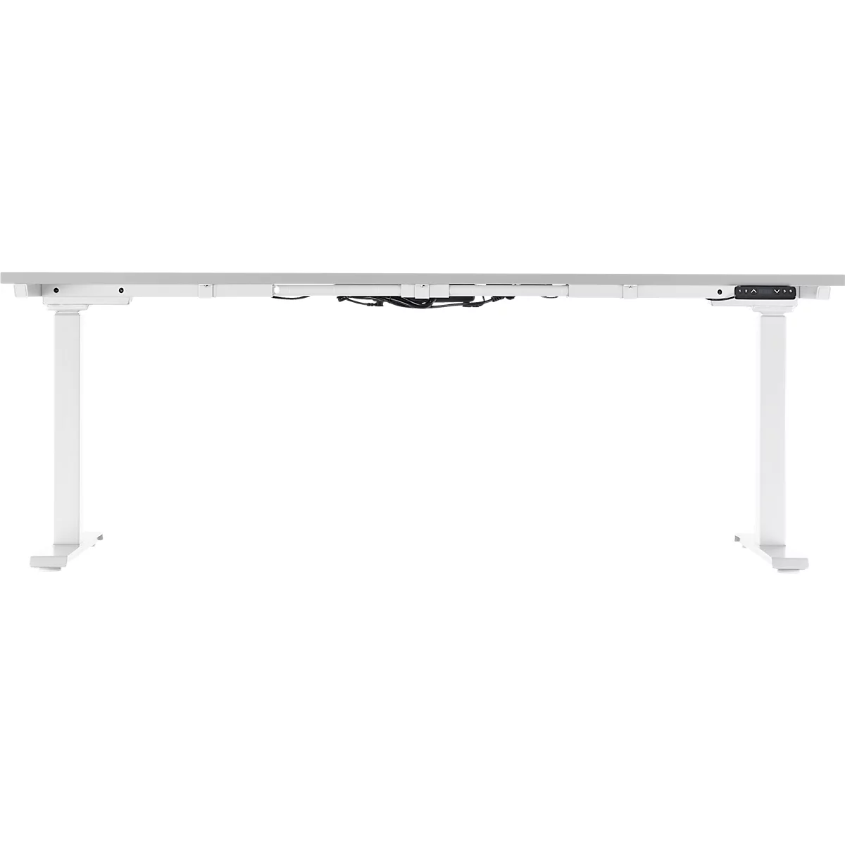 White height-adjustable desk. The tabletop is connected to two legs, which are equipped with a control for height adjustment.