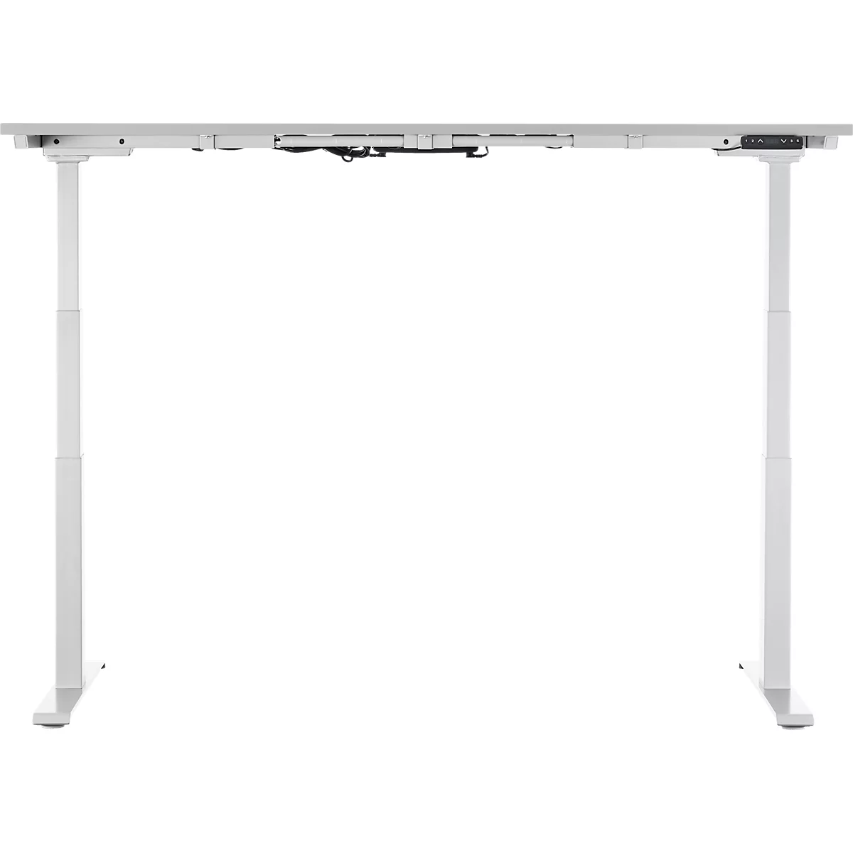 A white, height-adjustable desk. The tabletop floats above two white columns.