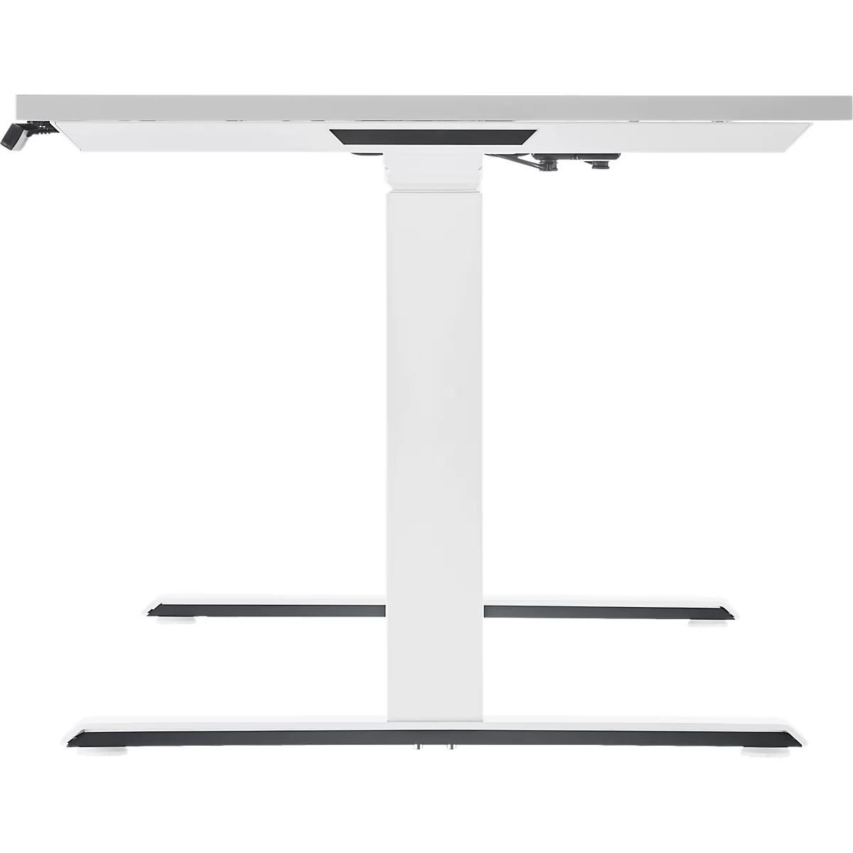 White, height-adjustable desk against a white background. The desk has a simple design.