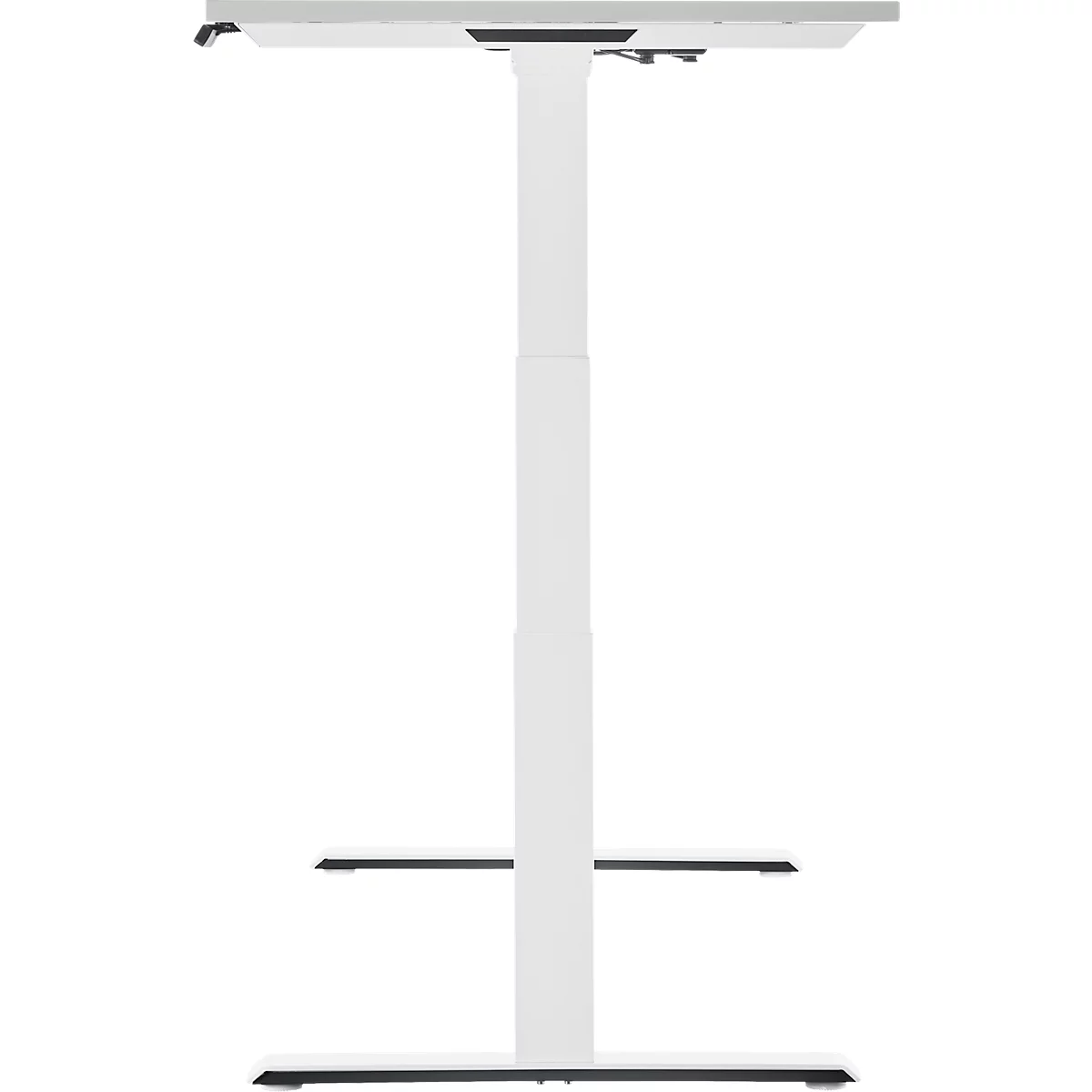 A white height-adjustable desk, photographed from bottom to top. The table top and base are rectangular.
