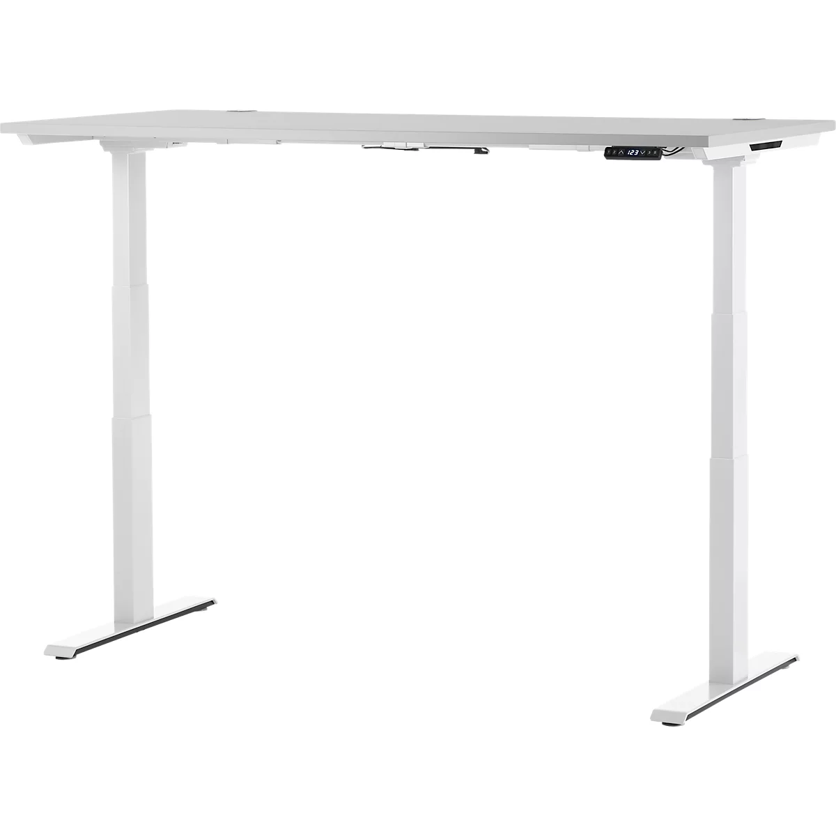 White, height-adjustable desk. It has two legs, a long tabletop and digital control.