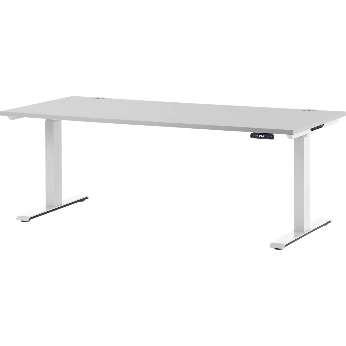 A white height-adjustable desk with a light tabletop design. A control for height adjustment is attached to the desk leg.