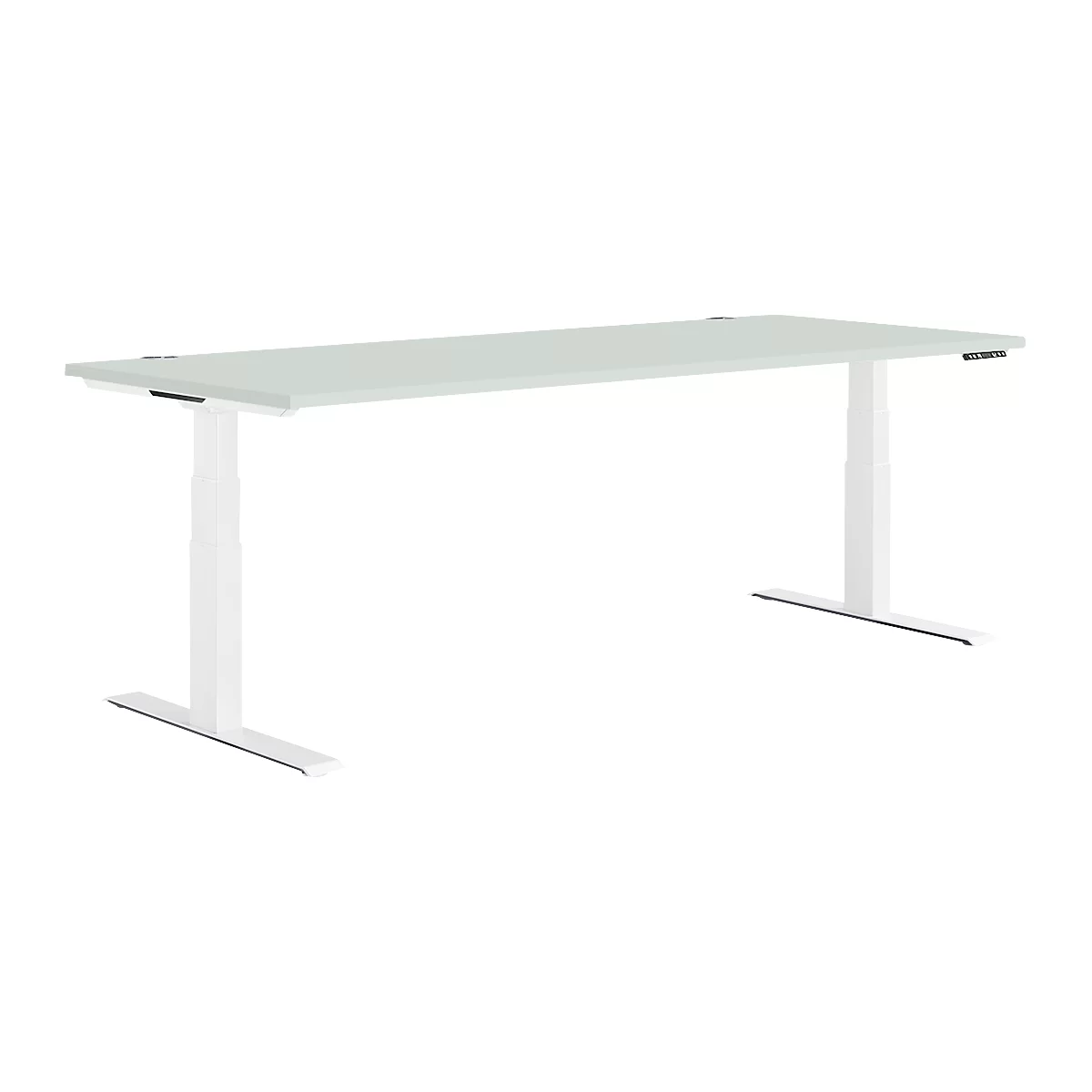Light gray desk. The tabletop is supported by two white pillars. The height is adjustable.
