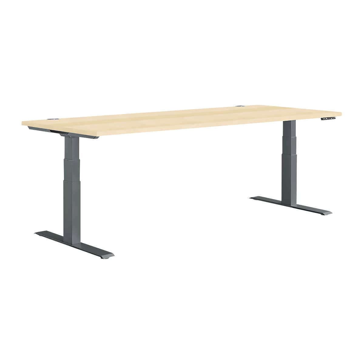 Bright, height-adjustable desk with grey legs. The tabletop is rectangular, the legs are T-shaped.