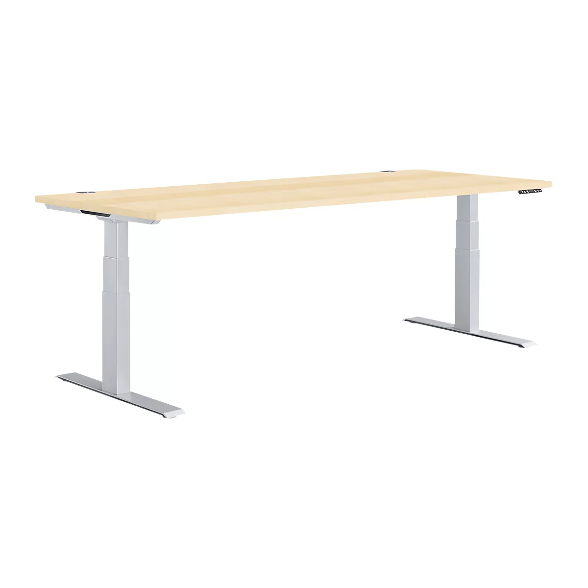 Height-adjustable desk, light brown tabletop, gray legs, white background.