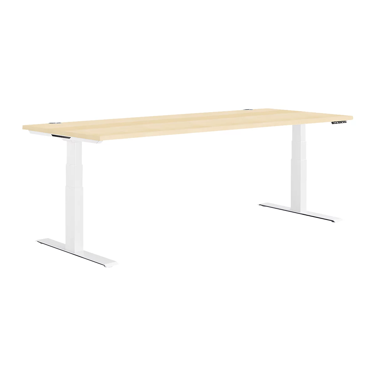 A height-adjustable desk with a light wood top and white legs against a white background.
