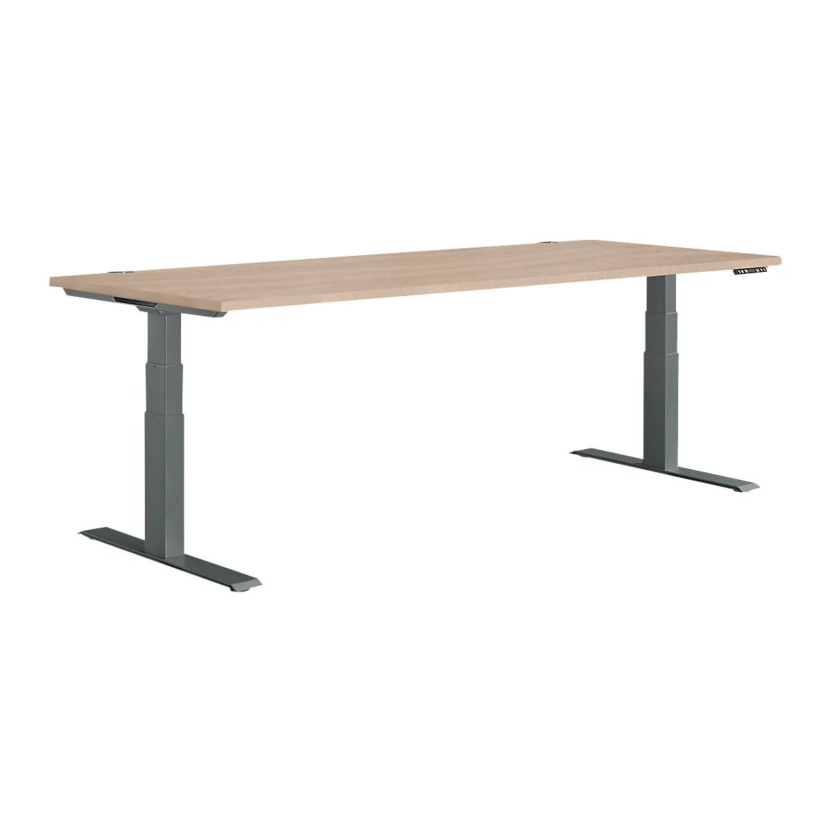 Adjustable height desk, light wood top, gray legs.