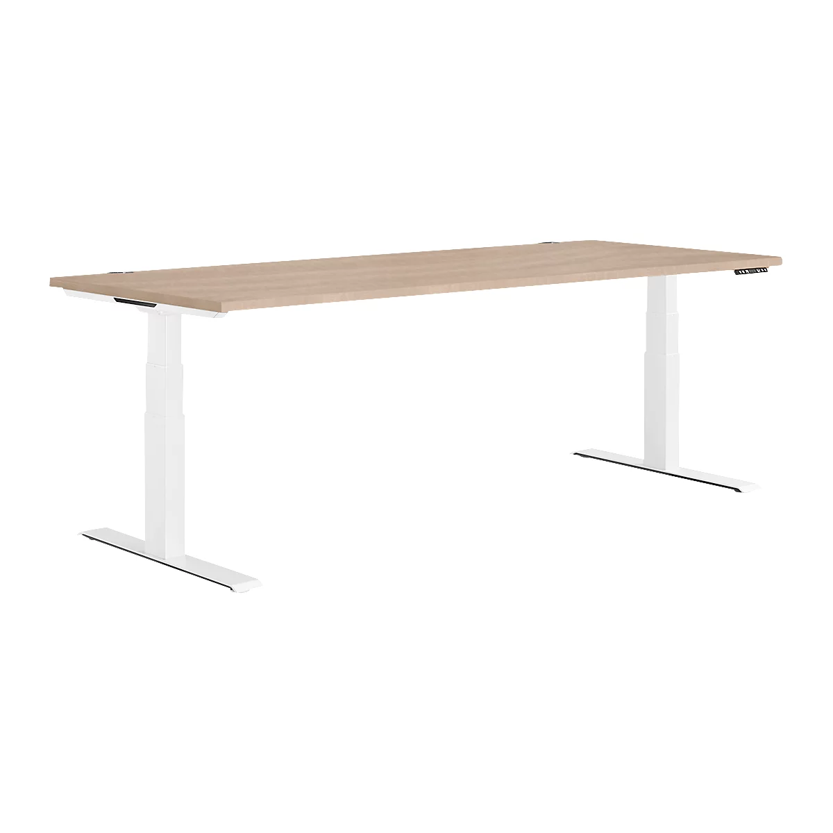 Height adjustable desk, wooden top, white frame, with control elements.