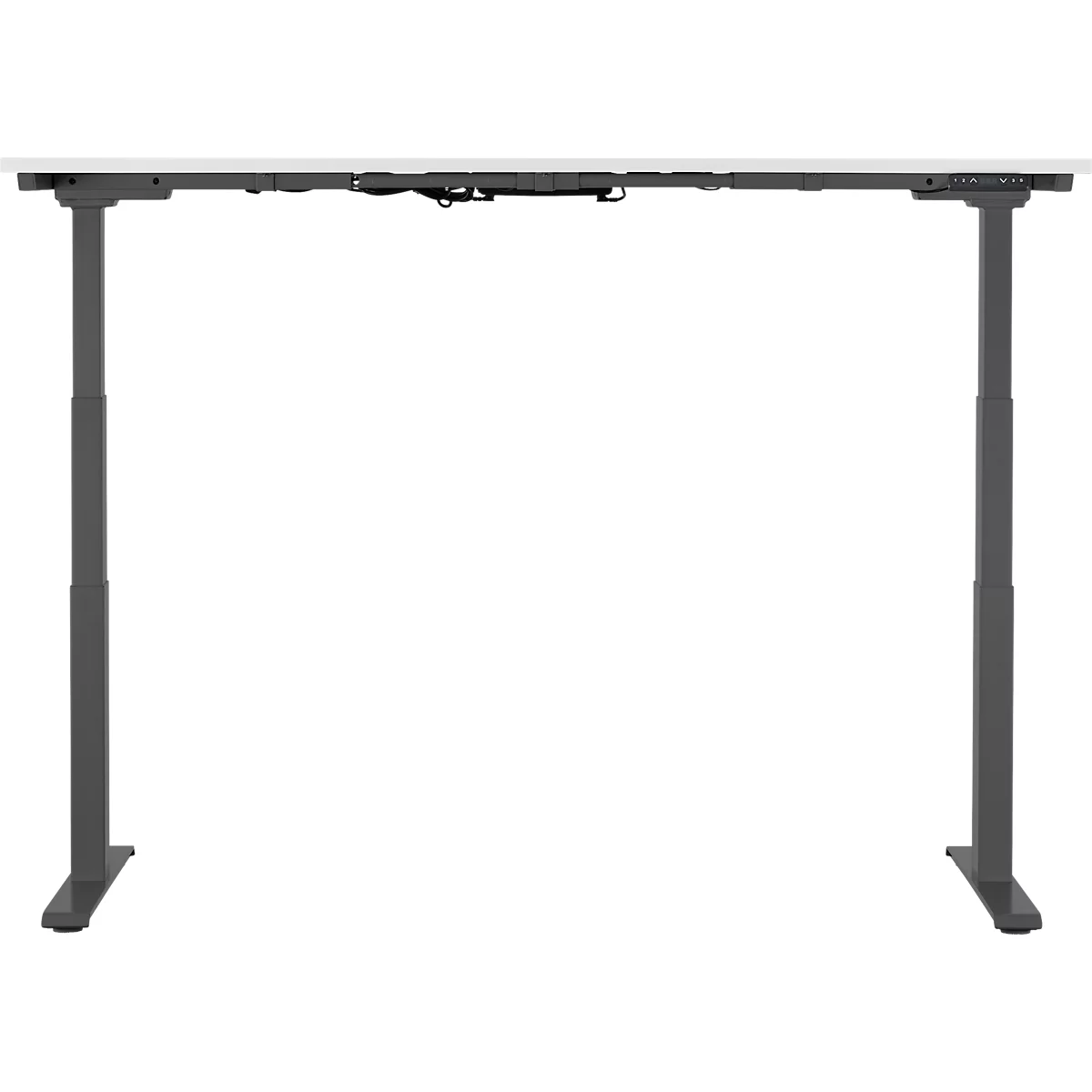 Light grey adjustable height desk with dark legs on a white background.