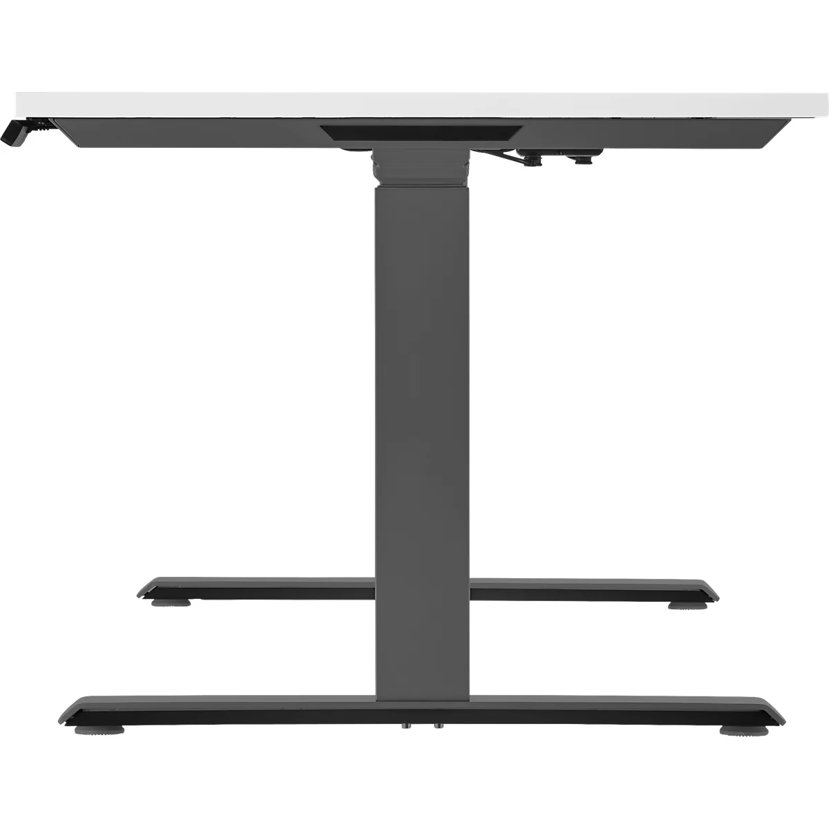 Height-adjustable desk with white tabletop and gray frame. The legs are connected by crossbars.