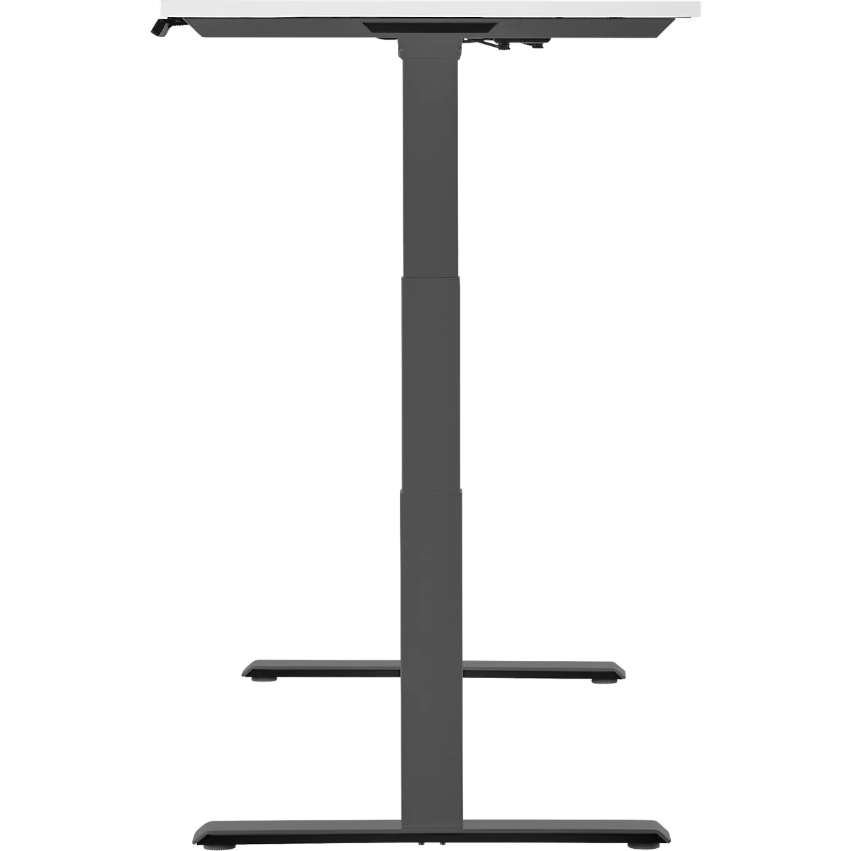 An adjustable height desk. The desk has a white table top and a grey frame. The height is adjustable.