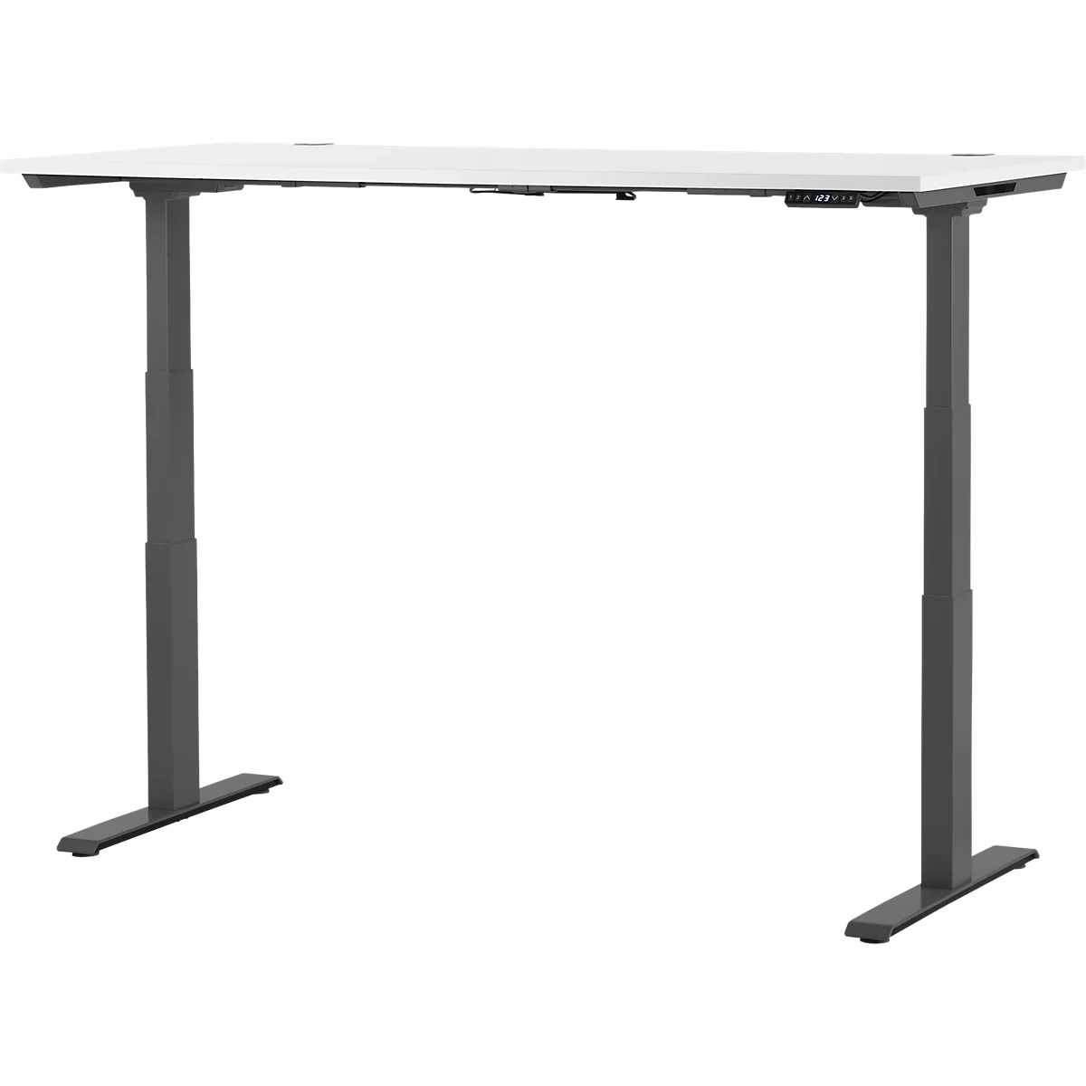 Height-adjustable desk with white tabletop and dark grey legs. Control panel with buttons.