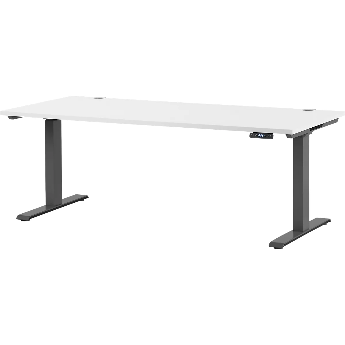 A white, height-adjustable desk with dark grey legs that extend from the top to the floor.