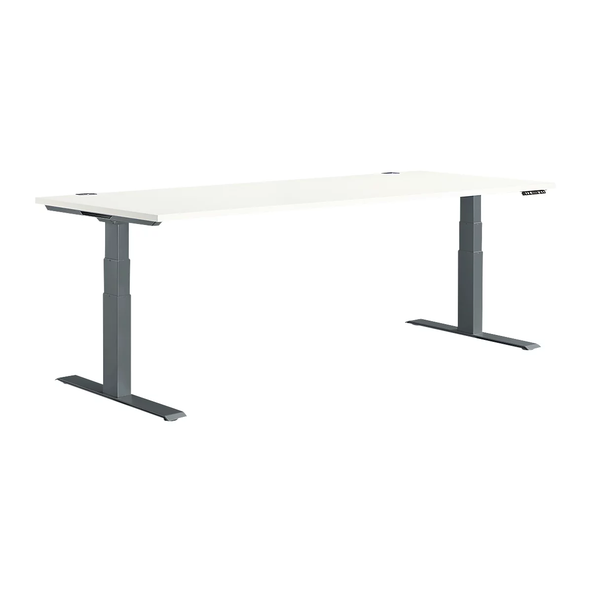 White, height-adjustable desk with a grey frame.