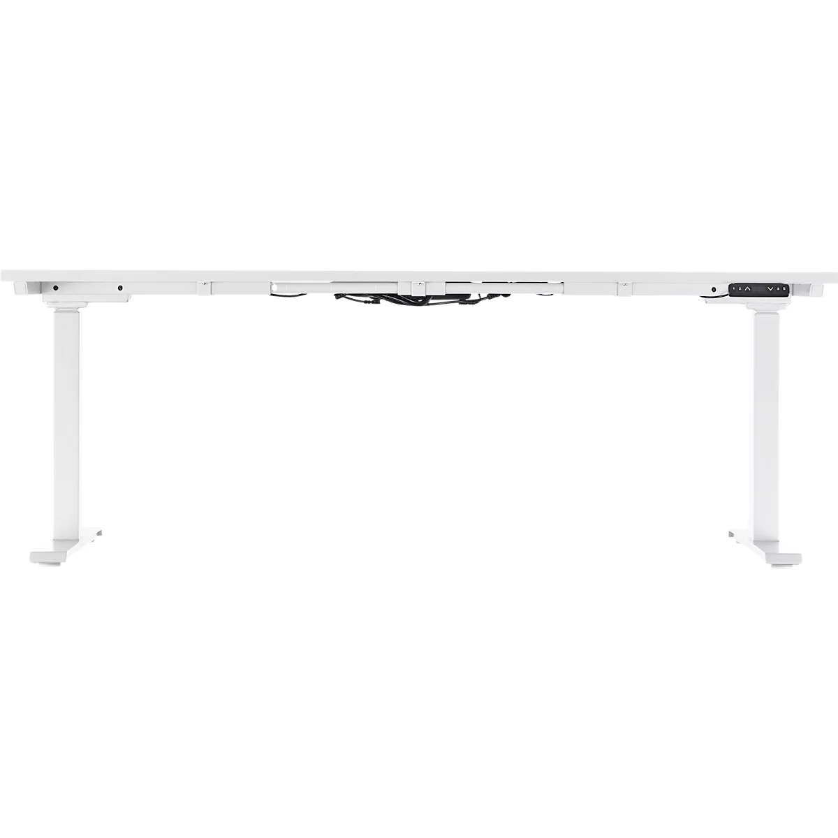 A white height-adjustable desk against a white background. The tabletop has rounded corners. A control panel is on the right leg.
