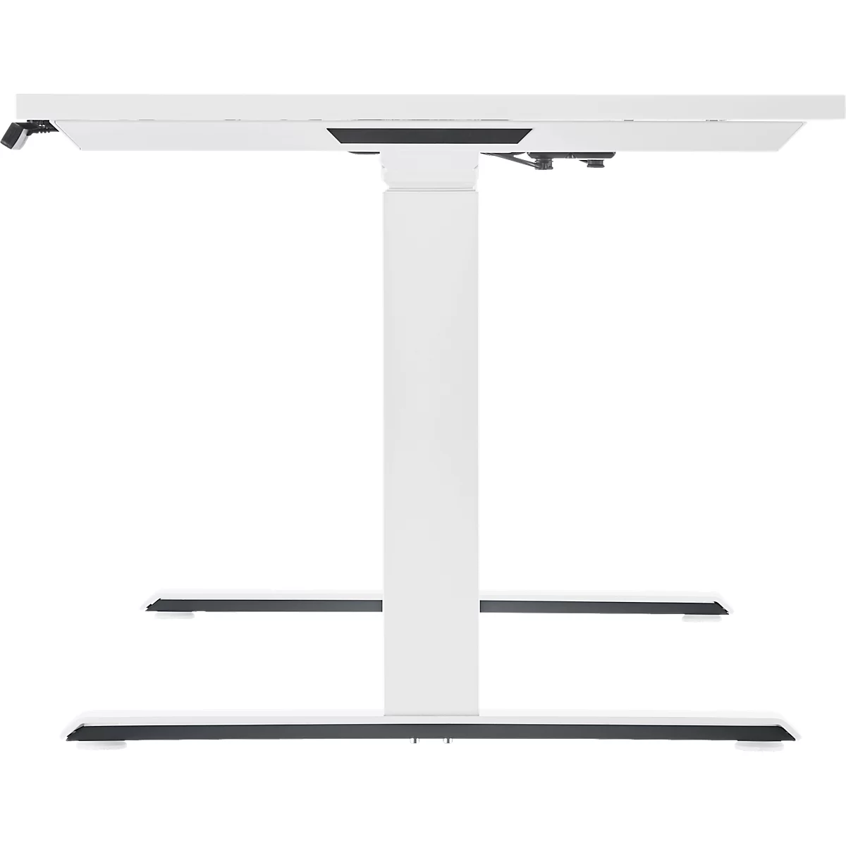 A white, height-adjustable desk, depicted freestanding against a white background.