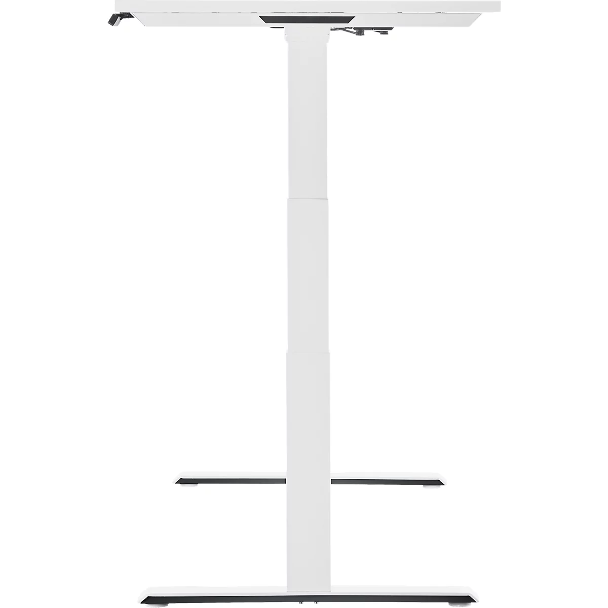 A white, height-adjustable desk standing against a white background.
