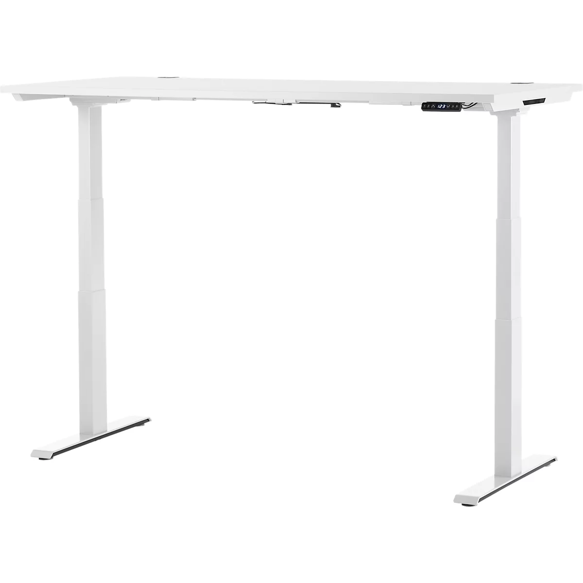 White, height-adjustable desk, minimalist design. The desk has two legs and a control unit.