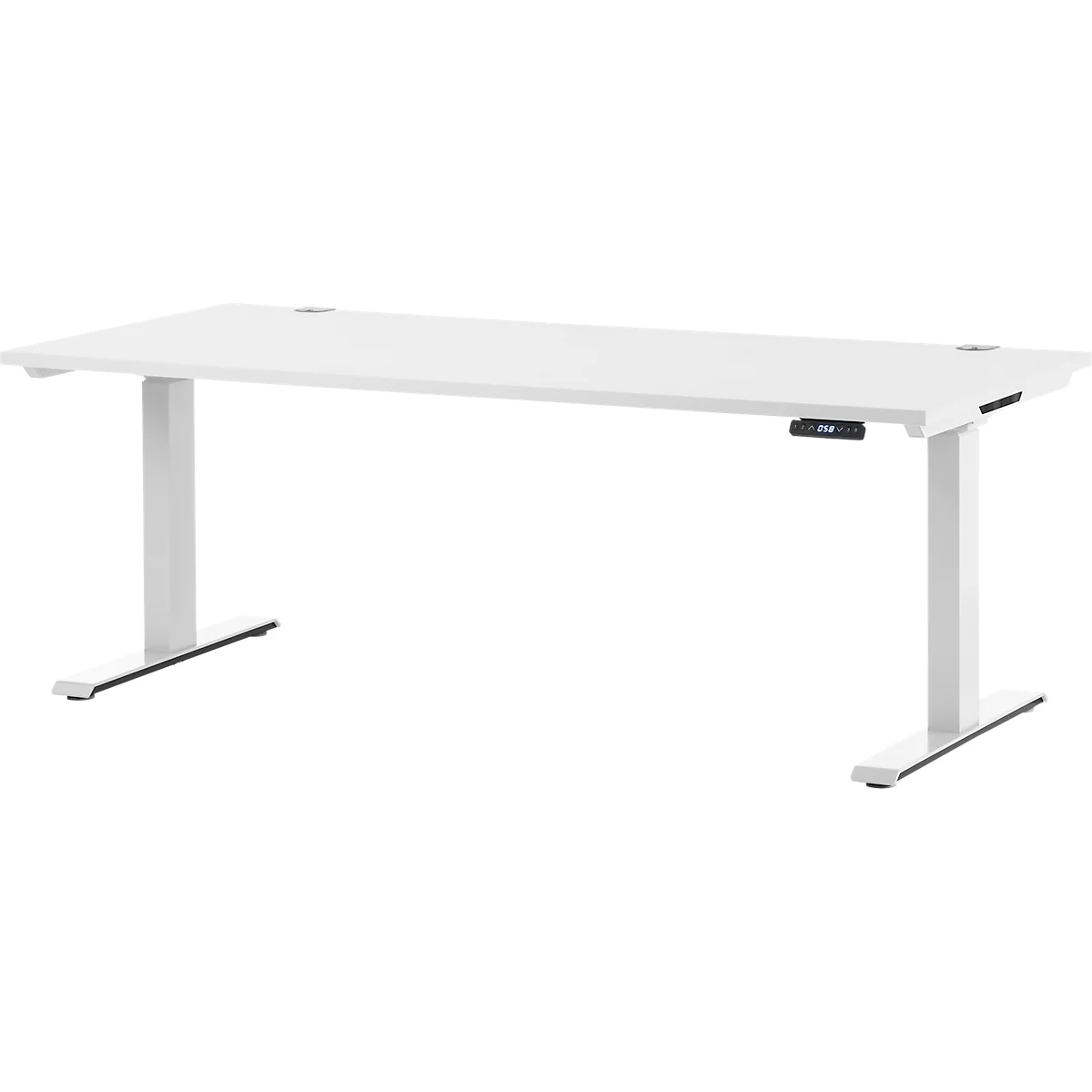 A white, height-adjustable desk against a light background. It has a rectangular tabletop and two wide legs.