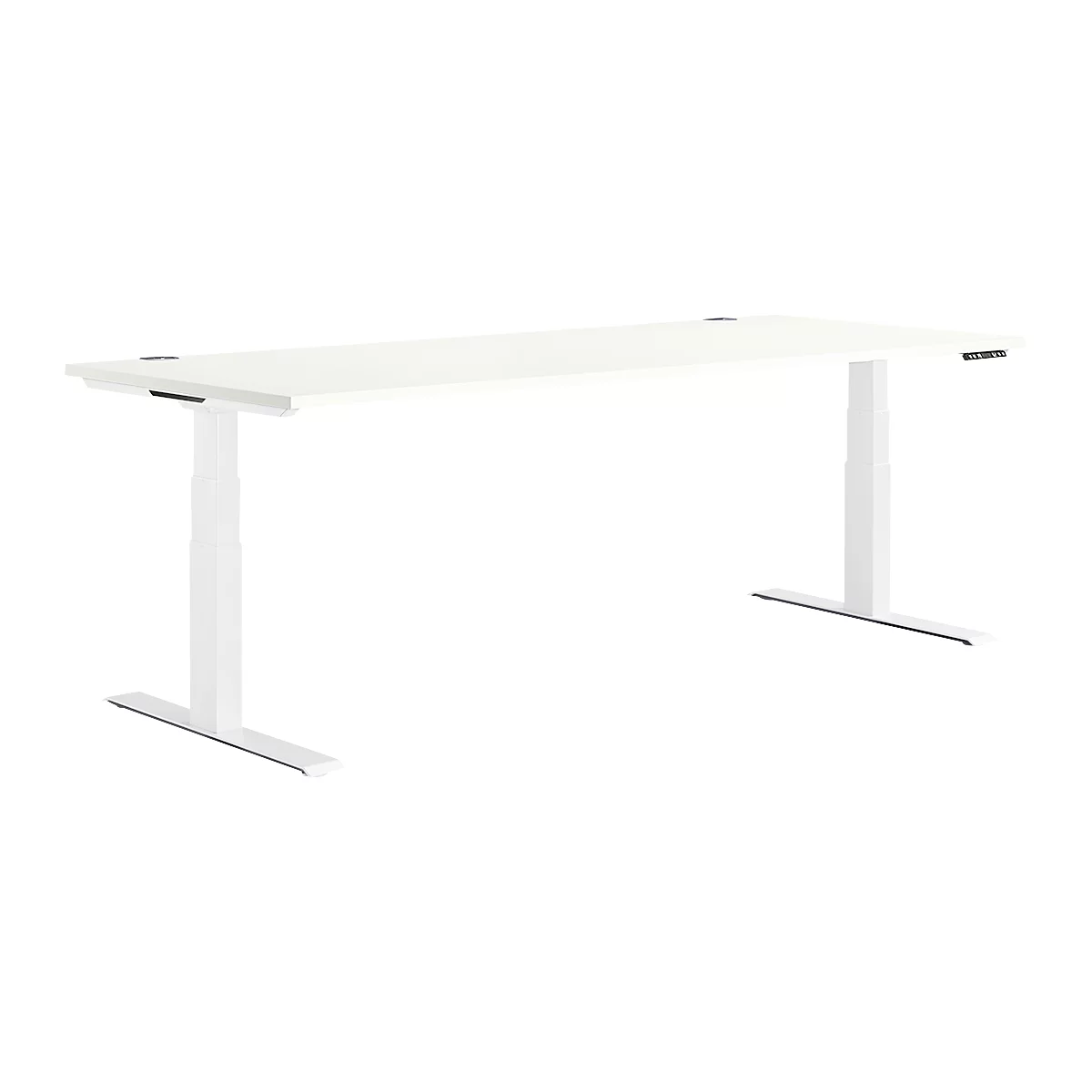 White, height-adjustable desk on a white background. The desk has a rectangular table top and two white columns with foot plates.